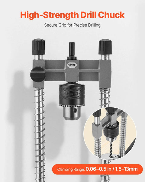 Pro Grade Multi Angle Drill Guide Jig For Woodworking Portable Precision Drilling Guide With 45 Degree 60 Degree 75 Degree 90 Degree Settings Aluminum Alloy Build Large Handle Mounting Holes For Accurate Angled Or Straight Holes showing high-strength drill chuck and clamping range diagram.
