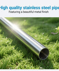 Side view of 1-inch OD stainless steel pipe, 20-inch length, on grass