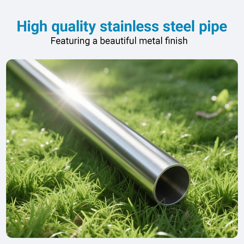 Side view of 1-inch OD stainless steel pipe, 20-inch length, on grass