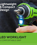 Power Through Anything 24V Brushless Cordless Impact Driver Kit With 1950 In-Lbs Torque showing LED worklight and compact grip