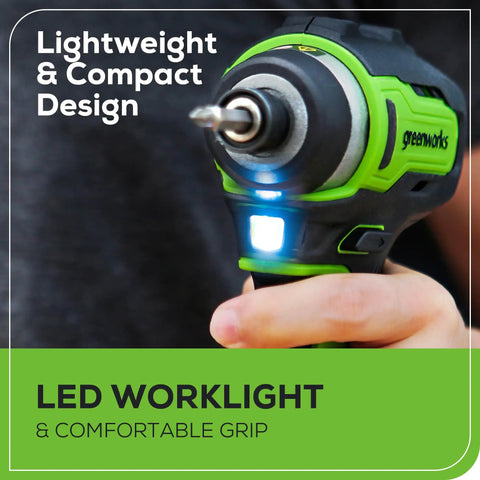 Power Through Anything 24V Brushless Cordless Impact Driver Kit With 1950 In-Lbs Torque showing LED worklight and compact grip