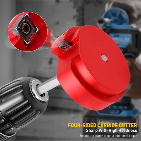 Close-up of PVC Fitting Saver with 3 Inch Aluminum Head, Pro Grade Pipe Reamer And Socket Saver with four-sided carbide cutter.