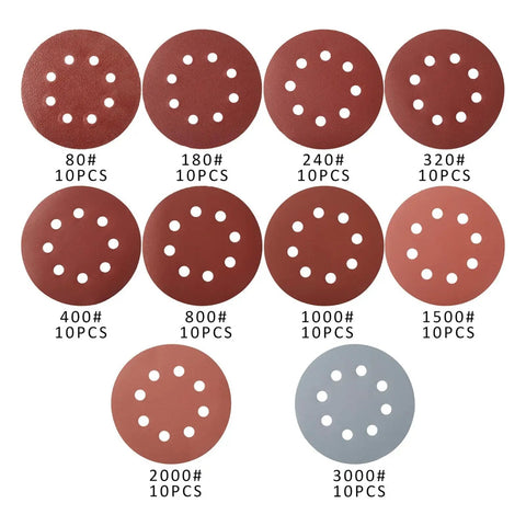 Awesome 100 Piece Sandpaper Set With 125Mm Hook Loop Discs showing various grit numbers on 125mm vacuum holed discs.