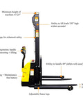 Built Tough Electric Wide Leg Pallet Stacker Heavy Lifter With 2204 Lbs Capacity And 130 Inch Lift Featuring Maintenance Free Battery 110V Us Plug Speed Control And Three Year Warranty Yellow machine displaying adjustable height, metal cage, and ergonomic handle.