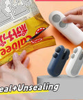2 In 1 Portable Bag Sealer And Cutter With Rechargeable Battery Handy Handheld Heat Sealer For Plastic Bags Snacks Storage And Freshness Compact Resealer Machine With Magnetic Attraction White sealing a snack bag