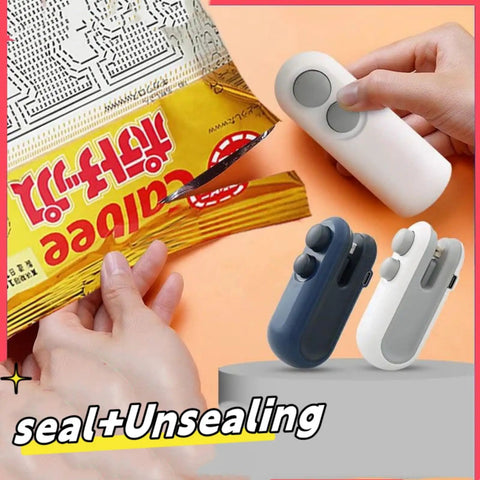 2 In 1 Portable Bag Sealer And Cutter With Rechargeable Battery Handy Handheld Heat Sealer For Plastic Bags Snacks Storage And Freshness Compact Resealer Machine With Magnetic Attraction White sealing a snack bag