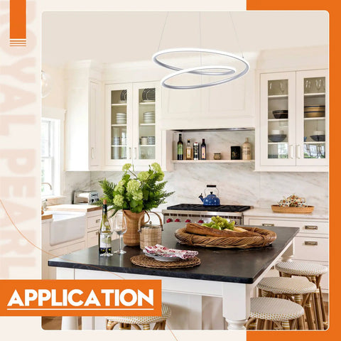 Sleek Modern LED Pendant Ring Chandelier With Dimmable Cool White 6000K Light in kitchen setting over island