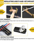 Heavy Duty 62 Piece Solderless Wire Tap Connector Kit Featuring Five Quick Snap Sizes For Zero Fuss Low Voltage Wiring and Dead Simple DIY Connections that Make Splicing A Breeze; close-up of no-strip terminals and copper strips.