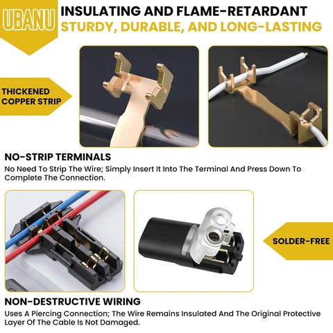 Heavy Duty 62 Piece Solderless Wire Tap Connector Kit Featuring Five Quick Snap Sizes For Zero Fuss Low Voltage Wiring and Dead Simple DIY Connections that Make Splicing A Breeze; close-up of no-strip terminals and copper strips.