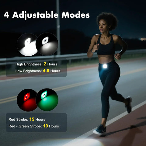 Woman jogging at night with clip-on running light showing 4 adjustable modes on track. Battery life displayed.