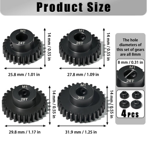 8Mm Steel Pinion Gear Set 24T 26T 28T 30T With Laser Engraved Tooth Count For 1/5 X-Maxx RC Cars Buggies And Trucks Beefed-Up Upgrade Mod 1 Gear That Works Great With Brushed And Brushless Motors 4 Pcs