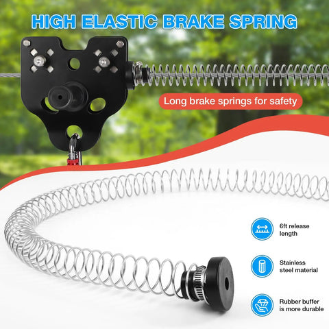 Backyard Zip Line Kit For Kids And Adults, 200 Feet, Supports Up To 400 Lbs showing high elastic brake spring mechanism.