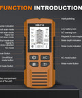 Professional Studs Finder with Multiple Depth Setting for Location of Hide Structures Behind Wall and Ceilings Electric Wire Transducer for Partitions showing function labels on display.