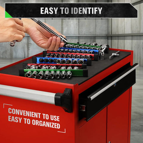 Hands organizing Six Piece Socket Organizer Rail Set With 360 Degree Swivel Clips Holds 108 Sockets Across Quarter Inch Three Eighths Inch and Half Inch Drives Double Sided Trays For Your Toolbox And Garage in red toolbox