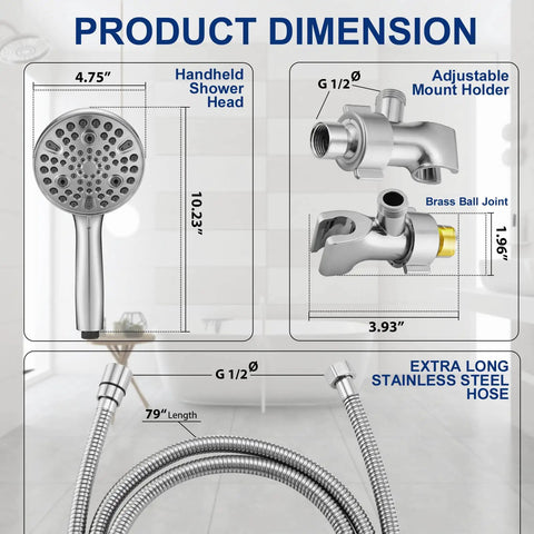 High Pressure Handheld Shower Head With 10 Settings And Turbo Wash, 5 Inch Spray, Product Dimensions and Components