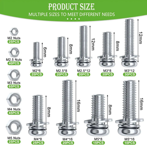 Tough As Nails 800 Piece Metric Bolt And Nut Assortment Kit With M2 M3 M4 M5 Pan Head Machine Screws And Flat Washers product size chart