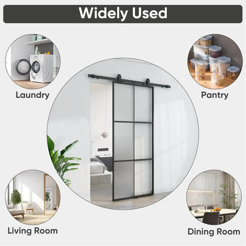Privacy Glass Barn Door 36x84 Inches with 6 Foot Sliding Hardware Kit, frosted glass, installed in modern home interior scene