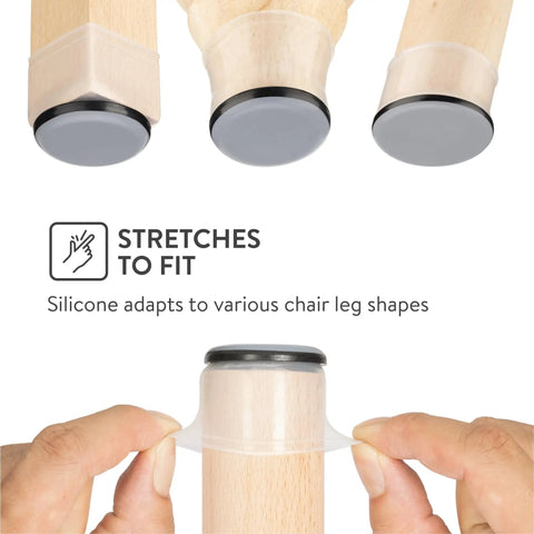 Effortless Carpet Gliding Chair Leg Sliders 8 Pack Clear Silicone With PTFE Bottom being fitted on wooden chair legs