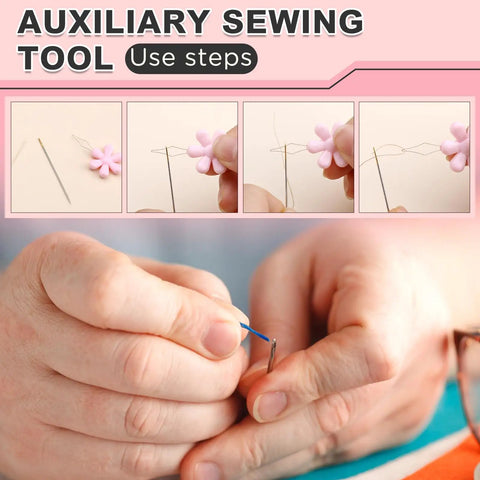 Hands using 24 Piece Needle Threader Kit With Four Types And Clear Storage Box For Hand Sewing And Sewing Machines tool steps.
