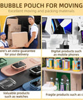 Collage of bubble pouches used for moving boxes, mobile phones, watches, and cups; ideal for packaging fragile items.