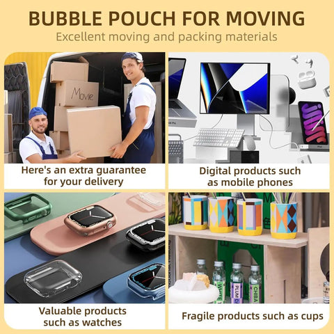 Collage of bubble pouches used for moving boxes, mobile phones, watches, and cups; ideal for packaging fragile items.