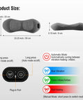 Electric Lumbar Support Pillow size chart showing dimensions and control options for soothing heat, vibration, and air lift relief.
