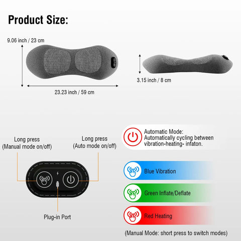 Electric Lumbar Support Pillow size chart showing dimensions and control options for soothing heat, vibration, and air lift relief.