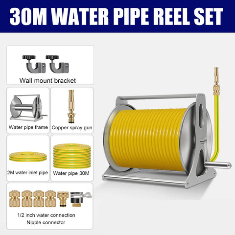 Skip The Mess And Grab This Badass Wall Mounted Garden Hose Reel, 30M yellow water hose with stainless steel reel and copper spray gun.