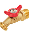 Beefy Brass Ball Valve For Outdoor Garden Hose Spigot featuring crisp quarter turn shut off and tight grip, side view.
