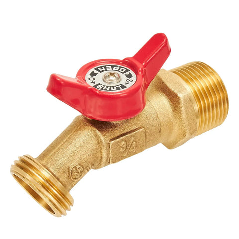 Beefy Brass Ball Valve For Outdoor Garden Hose Spigot featuring crisp quarter turn shut off and tight grip, side view.