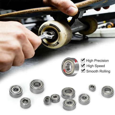 Kickass 10 Pack 624V Miniature Ball Bearing Kit Heavy Duty Carbon Steel V Groove Guide Pulley Rail Bushings Ultra Smooth 3mm By 14mm By 4mm for skateboard repairs.