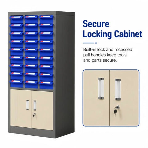 Heavy Duty Tool Storage Cabinet With Parts Drawers And Locking Double Door Lower Cabinet For Workshop Organization Durable Steel Construction Quick Access Parts Storage And Secure Tool Keeping, front view
