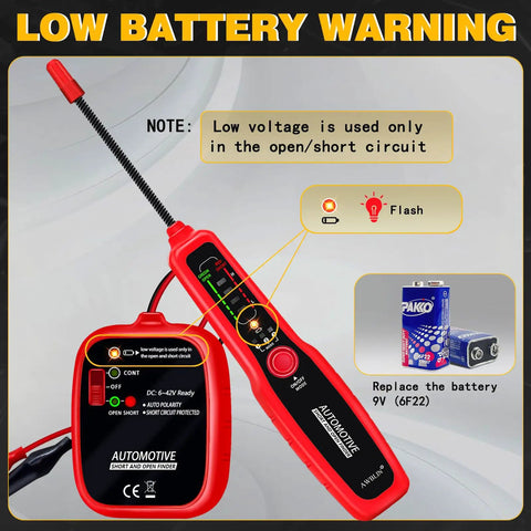 Automotive Wire Tracer Open And Short Finder Circuit Tester And Wire Breaker Locator next to 9V battery, DC 6-42V