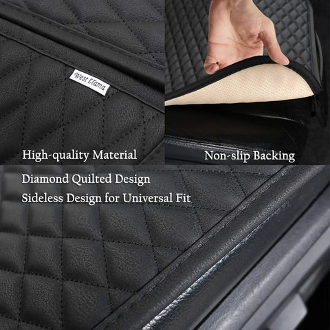 Close-up of PU Leather Car Seat Bottom Protector Covers Set, 2 Front Seat Pad Mats Plus 1 Rear Bench Cover, Universal Fit For Most Vehicles, Black, 5 Layer Durable Protector showing diamond quilted pattern and non-slip backing.