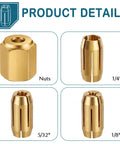 Two Pack Replacement Collet Kit Fits CN1 And Dewalt Spiral Saws And Drywall Cut Out Tools Five Thirty Second Inch Gold Finish Durable Metal Collet Parts For Easy Bit Changes And Secure Fit Go To Upgrade, showing four gold finish collet parts with size labels.