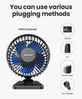 USB Desk Fan Personal Portable Cooler Tiny Yet Mighty With 3 Speeds Quiet Under 50dB Tabletop Fan For Home Office Car Travel Blue shown with USB power options