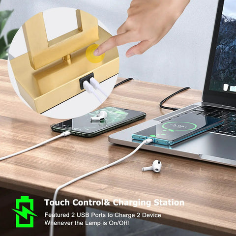 Set Of 2 22 Inch Touch Control Table Lamps With Dual USB Ports, gold base close-up with cables and devices charging