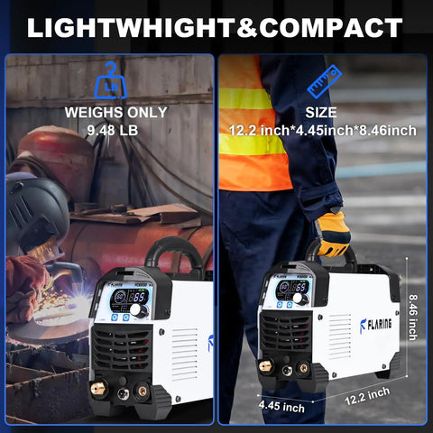 65 Amp Touch Arc Plasma Cutter Pro Grade Beast, dual voltage, digital display, compact size with dimensions, and weight details.