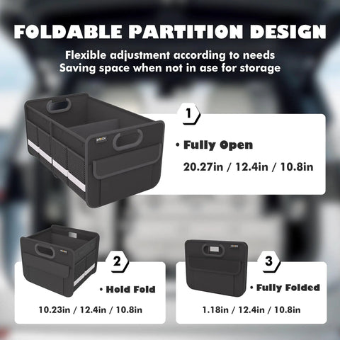 Trunk Organizer For Your Car Storage Foldable And Waterproof With Reinforced Handles Multi Compartment Design Collapsible Two Large Compartments Mesh Pockets And Easy Access Great For Car Accessories SUV Black Standard, shown fully open, hold fold, and fully folded view.