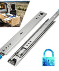 Heavy Gauge Steel Full Extension Drawer Slides With Secure Push Lock Handle, ideal for camper gear and rugged cabinets.