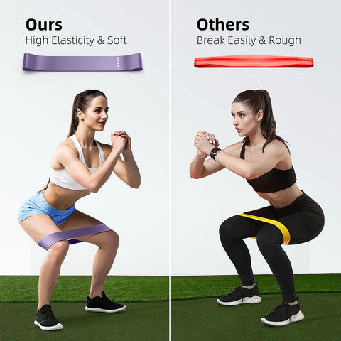 Comparison of two women using resistance bands, highlighting features of 'Five Band Resistance Set For Home Workouts With Five Elastic Loop Bands For Strength Training Stretching Pilates Yoga Physical Therapy And Full Body Leg Glute Arm Workouts For Women And Men'. One band is purple and labeled 'Ours', the other is red and labeled 'Others'. The purple band shows high elasticity on a woman performing a squat, while the red band shows breakage on another woman in a squat position.