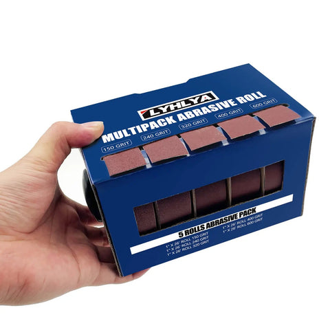 Hand holding Emery Cloth Sandpaper Rolls Dispenser Set With 5 Grits 150 240 320 400 600 For Woodworking Automotive Metal Polishing Aluminum Oxide 1 Inch By 26 Feet With Tough Cloth Back box