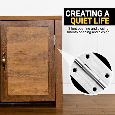 Front view of wooden cabinet door with 6-pack 2-inch stainless steel hinges; close-up of hinge and screws (silver)