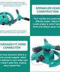 Large Round Base Automatic Rotation Sprinkler For Lawn And Garden With Adjustable Spray Pattern And 3000 Sq Ft Coverage, showing nozzle details and hose connector