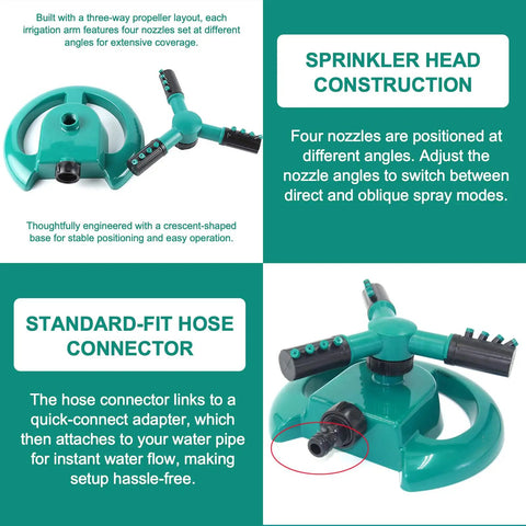 Large Round Base Automatic Rotation Sprinkler For Lawn And Garden With Adjustable Spray Pattern And 3000 Sq Ft Coverage, showing nozzle details and hose connector