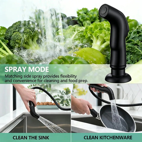 Two Handle Kitchen Sink Faucet With Side Sprayer And High Arc 360 Degree Swivel Dope Matte Black Stainless Steel Finish Fits