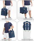 Man carrying Under Seat Personal Item Duffle Bag 17x13x8 Inches That Fits Spirit Frontier American Airlines Navy Design in four ways