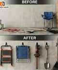 Top Shelf Garage Wall Hooks 3 Pack Heavy Duty Steel Square Storage Rack Built Like A Tank To Hang Your Bikes And Yard Gear Without Any Stress Or Extra Work Today, before and after organization comparison.