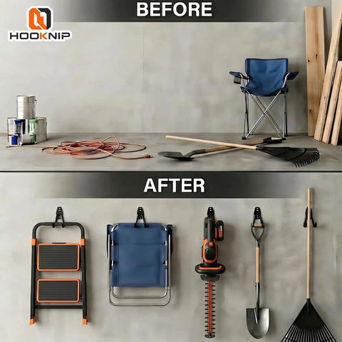 Top Shelf Garage Wall Hooks 3 Pack Heavy Duty Steel Square Storage Rack Built Like A Tank To Hang Your Bikes And Yard Gear Without Any Stress Or Extra Work Today, before and after organization comparison.