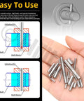 Person holding 110 Piece Dowel Pin Set M2 M3 M4 M5 304 Stainless Steel Cylindrical Shelf Peg Pins with alignment diagram